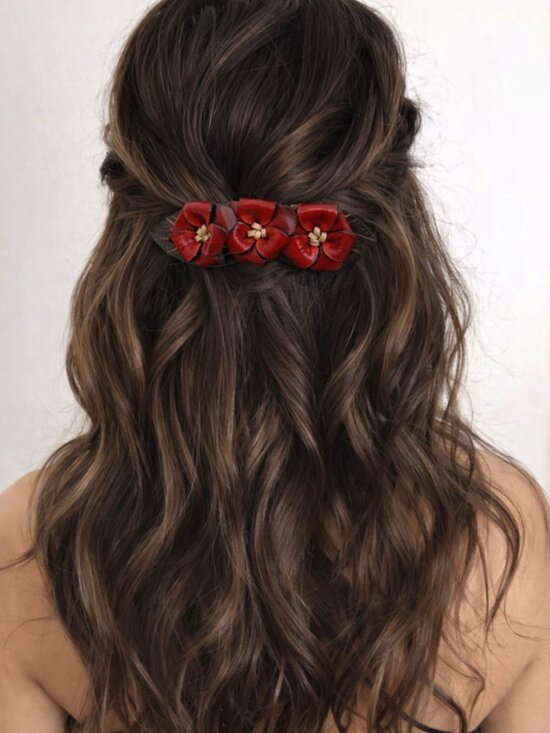 Handmade Leather Red Floral Hair Barrette | Colombian Artisan Flower Clip main image 6